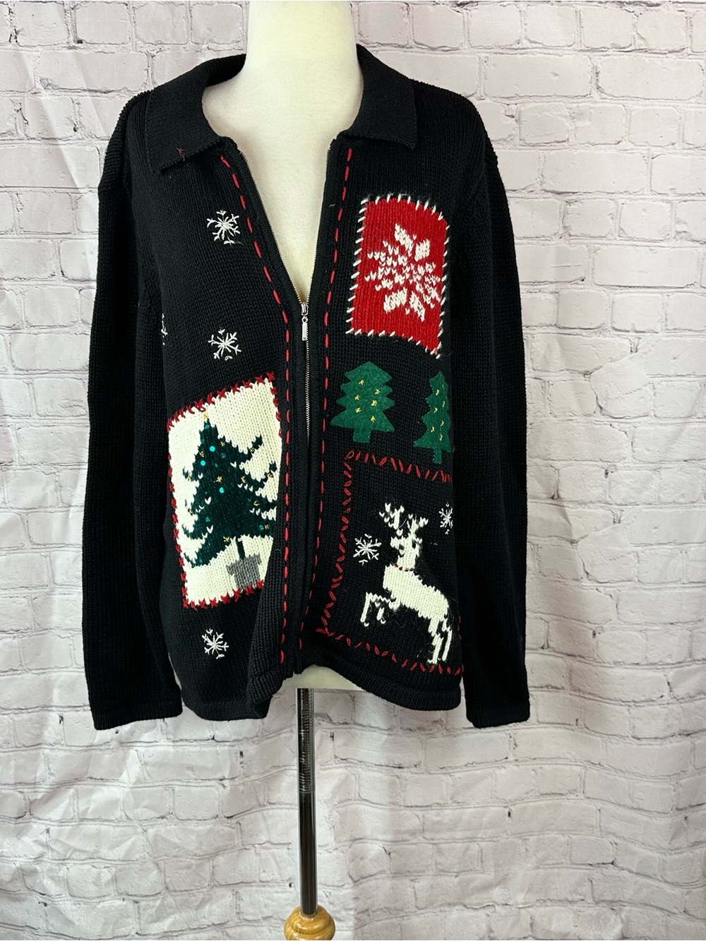 vtg crazy house liz claiborne christmas Zip-Front Cardigan Sweater women XL
